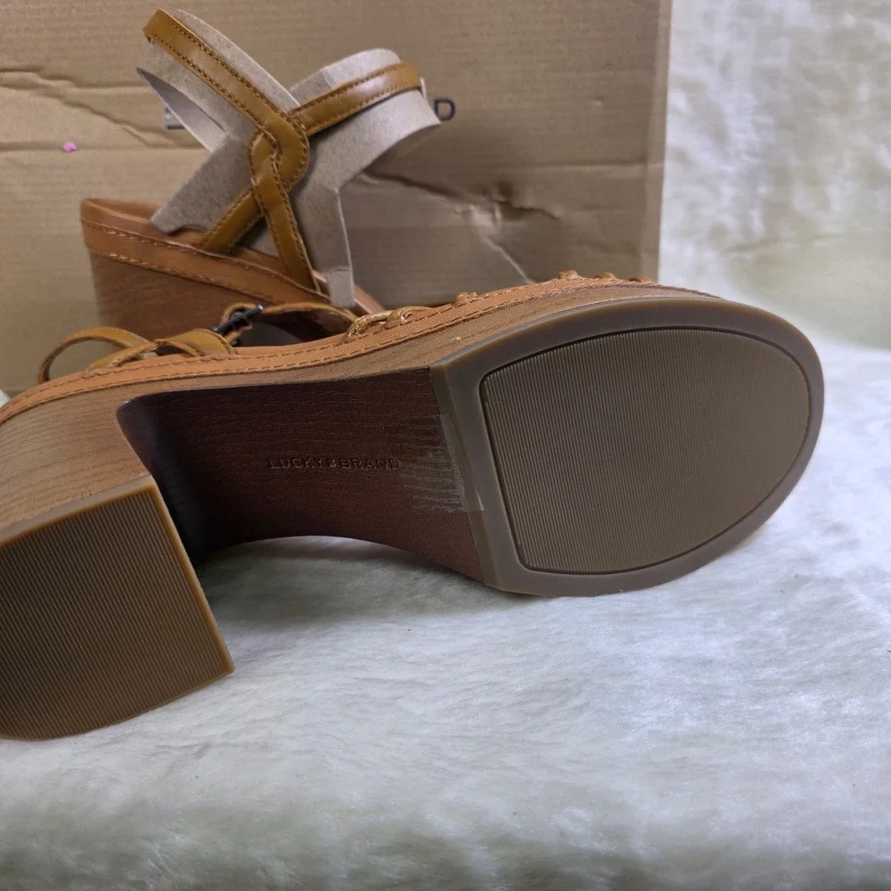 Lucky Brand Platform Sandals Brown Leather Strappy Block Heel Women 11 New